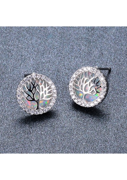 Yuvarlak Saplama Küpe Kadınlar Için Gümüş 925 Takı Kadın Taş Kulak Çiviler Beyaz Mavi Opal Yaşam Ağacı Moda Tasarım | Saplama Küpe modelleri