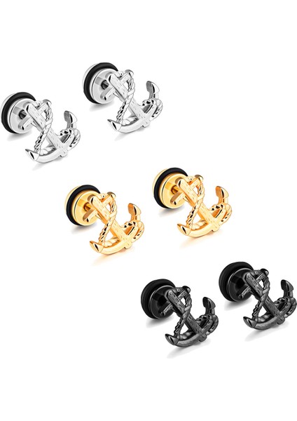 Mens Womens Unisex Paslanmaz Çelik Çapa Saplama Küpe, 3 Çift Bir Set