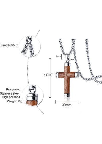 Titanyum Çelik Haç Çapraz Kolye Kolye Ahşap Kakma ile - Kolye + Kolye Gümüş Çevre