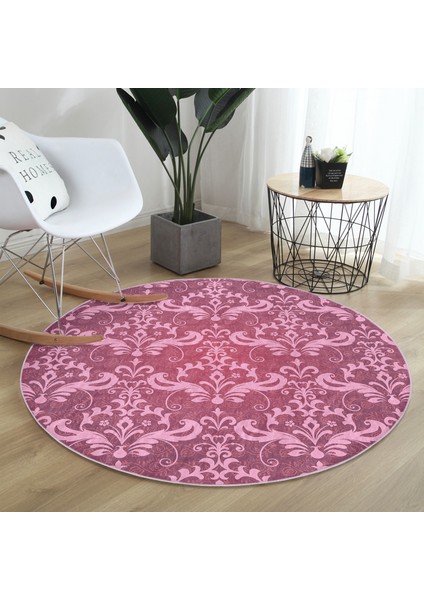 Fuşya Zeminli Damask Motifler Modern Pembe Salon ve Oturma Odası Yıkanabilir Kaymaz Tabanlı Yuvarlak Halı