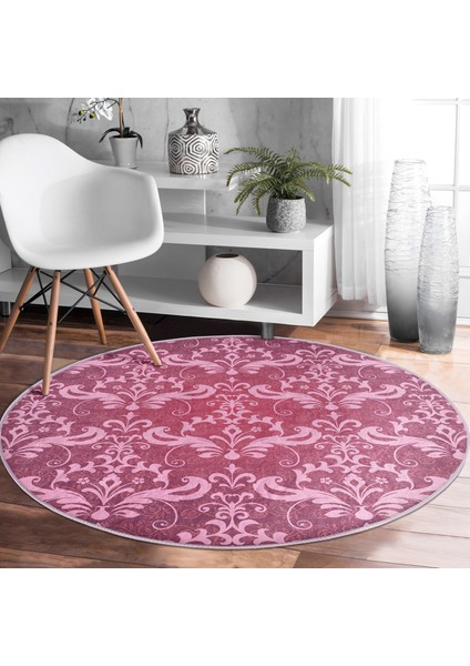 Fuşya Zeminli Damask Motifler Modern Pembe Salon ve Oturma Odası Yıkanabilir Kaymaz Tabanlı Yuvarlak Halı