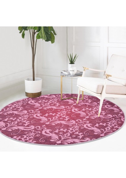 Fuşya Zeminli Damask Motifler Modern Pembe Salon ve Oturma Odası Yıkanabilir Kaymaz Tabanlı Yuvarlak Halı