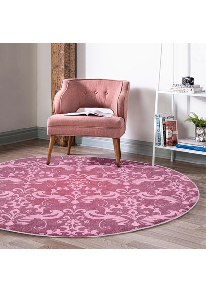 Fuşya Zeminli Damask Motifler Modern Pembe Salon ve Oturma Odası Yıkanabilir Kaymaz Tabanlı Yuvarlak Halı