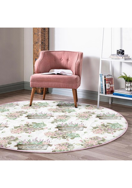 Real Homes Flower ve Çiçek Demetleri Özel Tasarım Dijital Baskılı Pembe Salon Oturma Odası Yıkanabilir Kaymaz Tabanlı Yuvarlak Halı