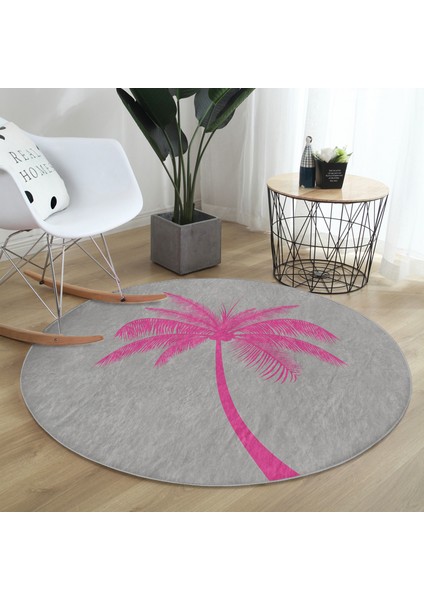Real Homes Gri Zeminde Fuşya Palmiye Motifli Modern Pembe Salon ve Oturma Odası Yıkanabilir Kaymaz Tabanlı Yuvarlak Halı