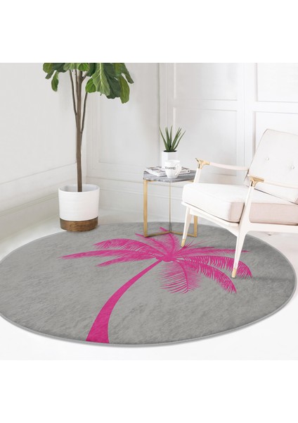 Real Homes Gri Zeminde Fuşya Palmiye Motifli Modern Pembe Salon ve Oturma Odası Yıkanabilir Kaymaz Tabanlı Yuvarlak Halı modelleri