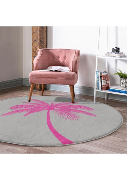 Real Homes Gri Zeminde Fuşya Palmiye Motifli Modern Pembe Salon ve Oturma Odası Yıkanabilir Kaymaz Tabanlı Yuvarlak Halı fırsatları