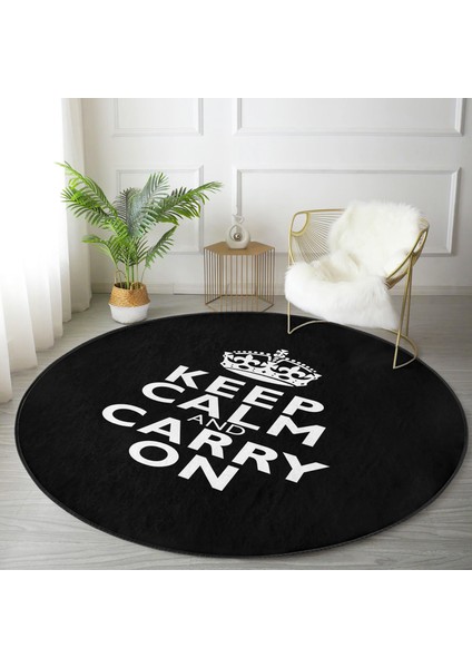 Real Homes Realhomes Siyah Beyaz Keep Calm And Carry On Baskılı Mutfak Yıkanabilir Kaymaz Tabanlı Yuvarlak Halı