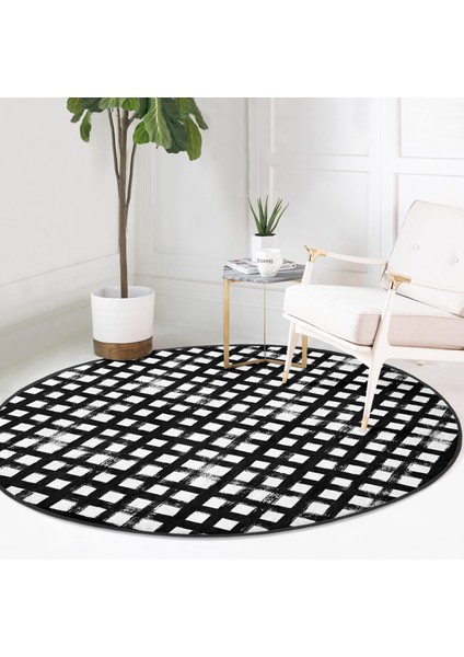 Real Homes Realhomes Siyah Zeminde Geometrik Kare Motifli Ofis Yıkanabilir Kaymaz Tabanlı Yuvarlak Kadife Halı
