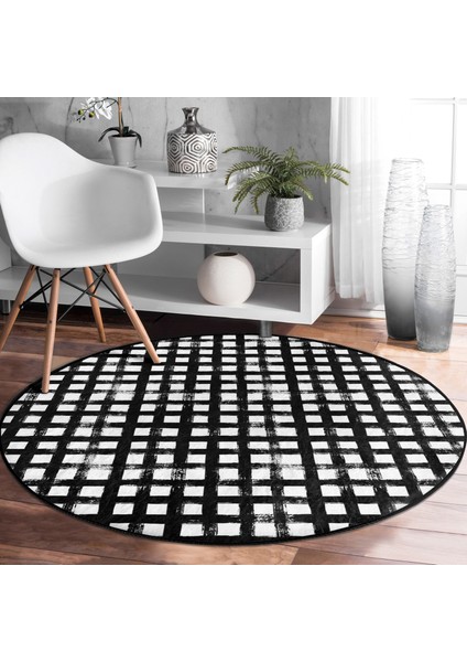 Real Homes Realhomes Siyah Zeminde Geometrik Kare Motifli Ofis Yıkanabilir Kaymaz Tabanlı Yuvarlak Kadife Halı