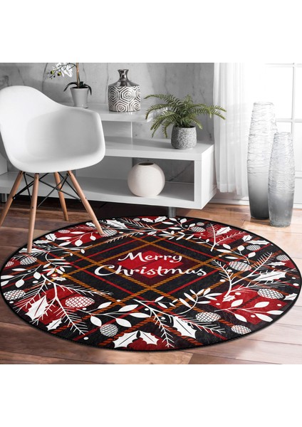 Real Homes Ekose Merry Christmas Desenli Dijital Baskılı Bordo Salon ve Oturma Odası Yıkanabilir Kaymaz Tabanlı Yuvarlak Halı modelleri
