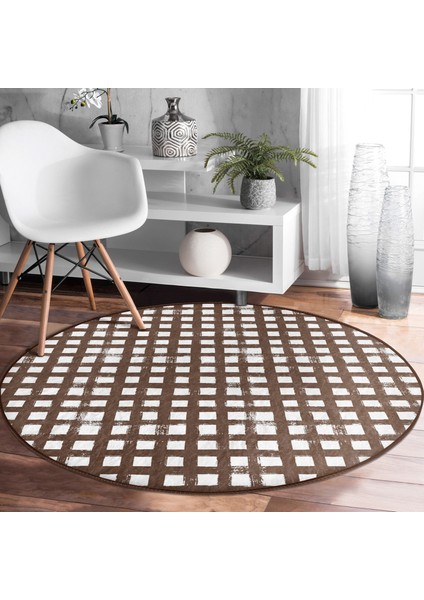 Real Homes Realhomes Kahve Zeminde Geometrik Kare Motifli Kahverengi Ofis Yıkanabilir Kaymaz Tabanlı Yuvarlak Halı