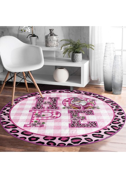 Real Homes Realhomes Pembe Leopar Desenli Hope Tasarımlı Modern Outdoor Yıkanabilir Kaymaz Tabanlı Yuvarlak Halı