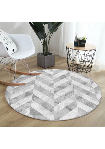 Real Homes Geometrik Desenli Mermer Zeminli Modern Gri Salon ve Oturma Odası Yıkanabilir Kaymaz Tabanlı Yuvarlak Halı