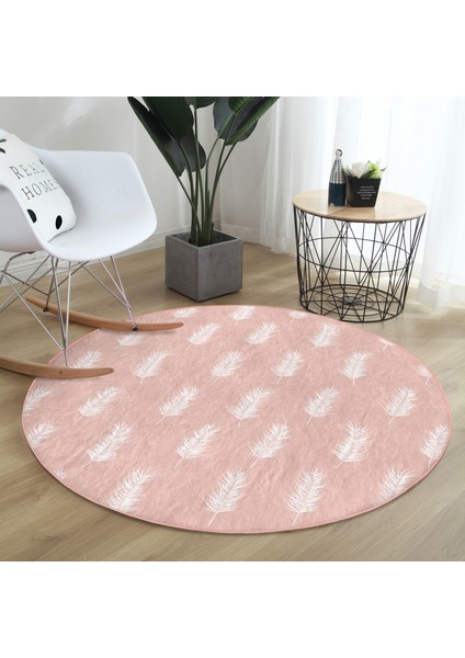 Real Homes Pastel Zeminde Beyaz Yaprak Desenli Dijital Baskılı Modern Pembe Salon ve Oturma Odası Yıkanabilir Kaymaz Tabanlı Yuvarlak Halı