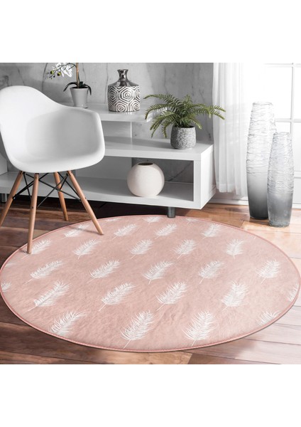 Real Homes Pastel Zeminde Beyaz Yaprak Desenli Dijital Baskılı Modern Pembe Salon ve Oturma Odası Yıkanabilir Kaymaz Tabanlı Yuvarlak Halı fiyatları