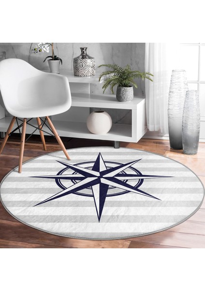 Real Homes Gri Beyaz Zeminde Pusula Desenli Dijital Baskılı Modern Lacivert Outdoor Yıkanabilir Kaymaz Tabanlı Yuvarlak Halı fiyatları