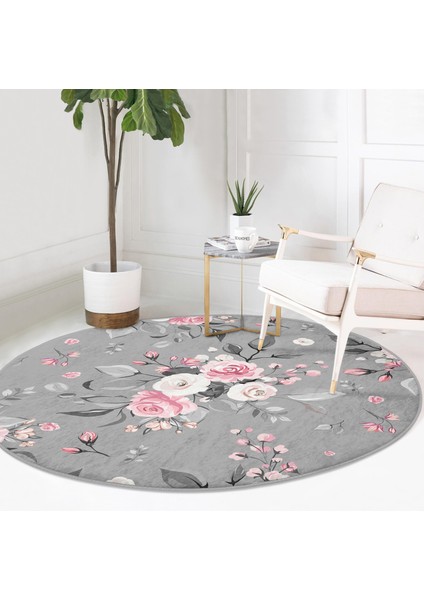 Real Homes Renkli Zeminde Flamingo Desenli Yaprak Motifli Dijital Baskılı Modern Gri Yatak Odası Yıkanabilir Kaymaz Tabanlı Yuvarlak Halı