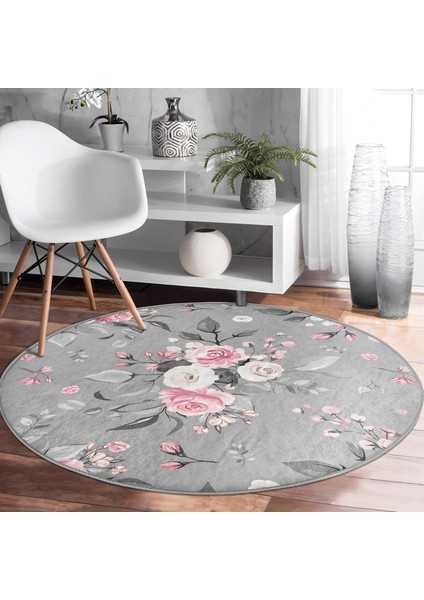 Real Homes Renkli Zeminde Flamingo Desenli Yaprak Motifli Dijital Baskılı Modern Gri Yatak Odası Yıkanabilir Kaymaz Tabanlı Yuvarlak Halı modelleri
