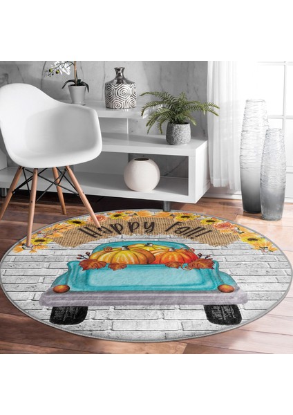 Real Homes Realhomes Sonbahar Temalı Kabak Motifli Turkuaz Outdoor Yıkanabilir Kaymaz Tabanlı Yuvarlak Kadife Halı fiyatları