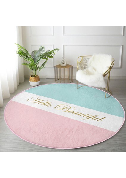 Real Homes Hello Beautiful Mavi ve Pembe Dijital Baskılı Koridor Antre Yıkanabilir Kaymaz Tabanlı Yuvarlak Halı