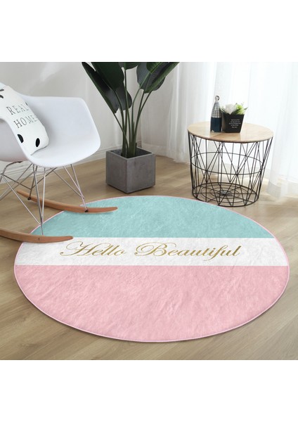 Real Homes Hello Beautiful Mavi ve Pembe Dijital Baskılı Koridor Antre Yıkanabilir Kaymaz Tabanlı Yuvarlak Halı modelleri
