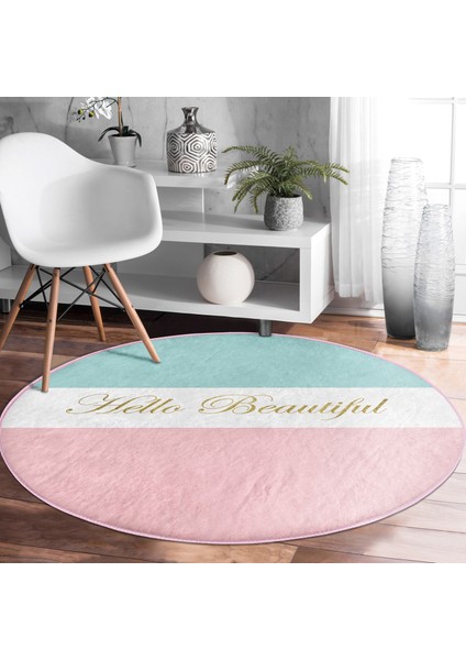 Real Homes Hello Beautiful Mavi ve Pembe Dijital Baskılı Koridor Antre Yıkanabilir Kaymaz Tabanlı Yuvarlak Halı fırsatları