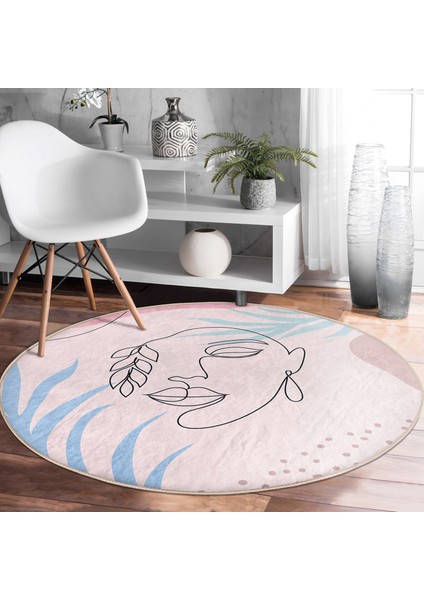 Real Homes Realhomes Bohemian Özel Tasarım Pembe Salon ve Oturma Odası Yıkanabilir Kaymaz Tabanlı Yuvarlak Halı