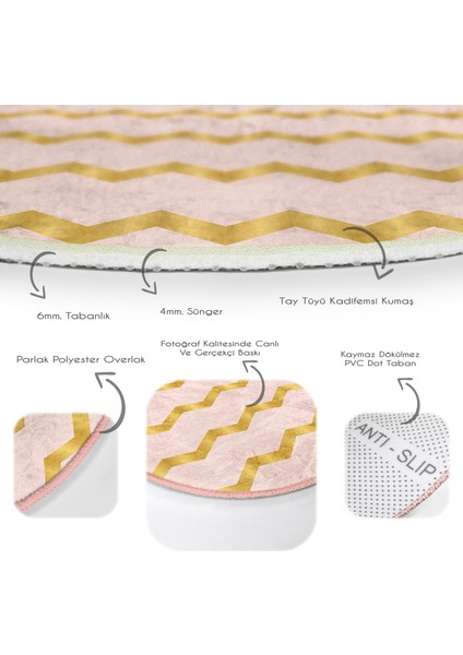 Real Homes Pudra Zeminde Gold Renkli Zikzak Desenli Dijital Baskılı Modern Pembe Mutfak Yıkanabilir Kaymaz Tabanlı Yuvarlak Halı
