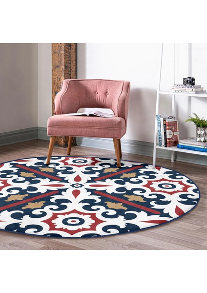Real Homes Lacivert Bordo Damask Motifli Modern Salon ve Oturma Odası Yıkanabilir Kaymaz Tabanlı Yuvarlak Halı