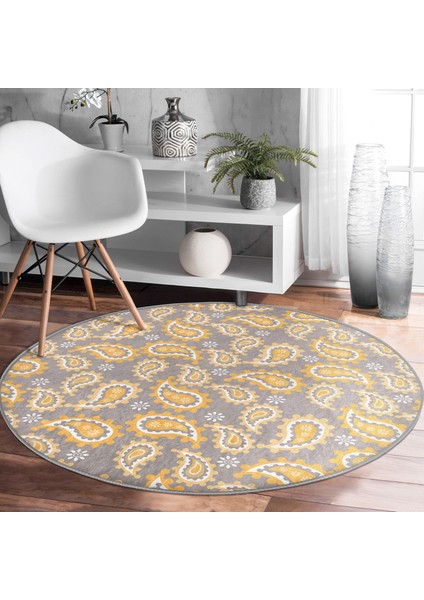 Real Homes Gri Zeminde Renkli Geometrik Desenli Dijital Baskılı Modern Gold Salon ve Oturma Odası Yıkanabilir Kaymaz Tabanlı Yuvarlak Halı