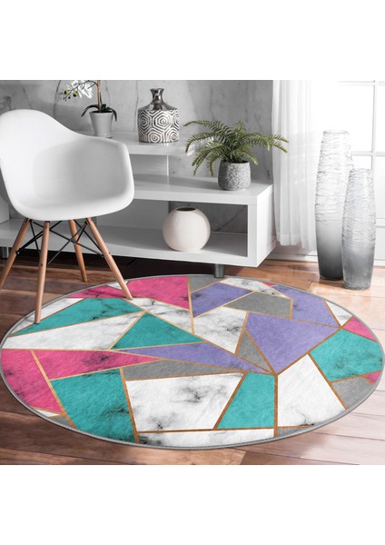 Real Homes Realhomes Geometrik Şekilli Mermer Baskılı Modern Pembe Salon ve Oturma Odası Yıkanabilir Kaymaz Tabanlı Yuvarlak Halı fiyatları