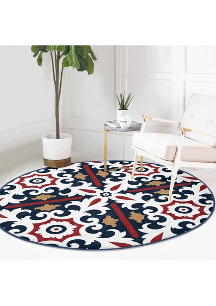 Real Homes Lacivert Bordo Damask Motifli Modern Salon ve Oturma Odası Yıkanabilir Kaymaz Tabanlı Yuvarlak Halı fırsatları