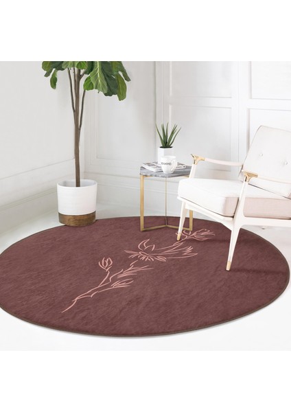 Real Homes Minimalist Özel Tasarımlı Dijital Baskılı Kahverengi Salon ve Oturma Odası Yıkanabilir Kaymaz Tabanlı Yuvarlak Halı