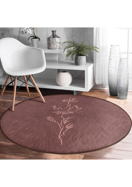 Real Homes Minimalist Özel Tasarımlı Dijital Baskılı Kahverengi Salon ve Oturma Odası Yıkanabilir Kaymaz Tabanlı Yuvarlak Halı