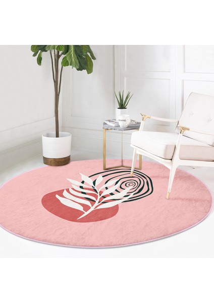 Real Homes Pembe Zemin Yaprak Çizimli Onedraw Temalı Modern Mutfak Yıkanabilir Kaymaz Tabanlı Yuvarlak Halı