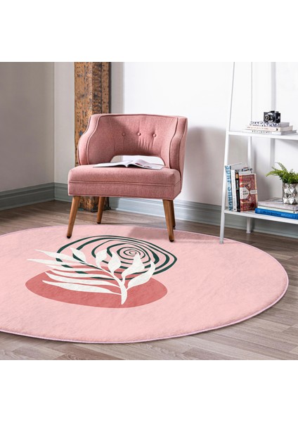 Real Homes Pembe Zemin Yaprak Çizimli Onedraw Temalı Modern Mutfak Yıkanabilir Kaymaz Tabanlı Yuvarlak Halı