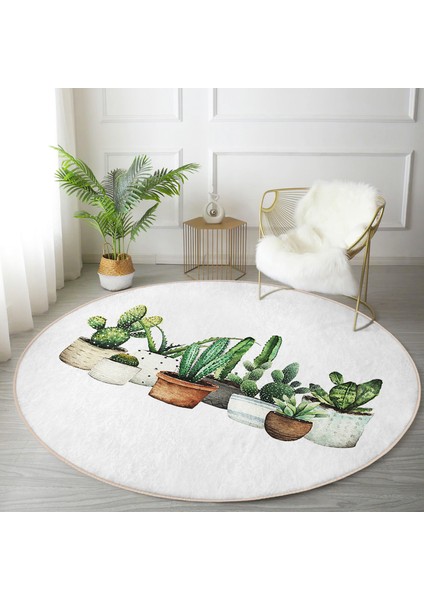 Real Homes Realhomes Beatiful Cactus Dijital Baskılı Yeşil Outdoor Yıkanabilir Kaymaz Tabanlı Yuvarlak Kadife Halı