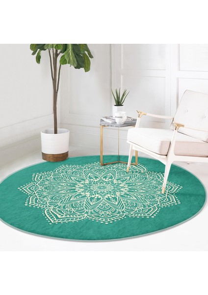 Real Homes Turkuaz Zeminde Mandala Dijital Baskılı Modern Yeşil Salon ve Oturma Odası Yıkanabilir Kaymaz Tabanlı Yuvarlak Halı