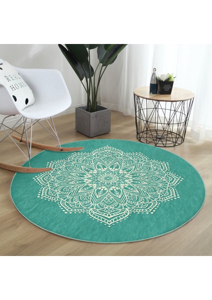 Real Homes Turkuaz Zeminde Mandala Dijital Baskılı Modern Yeşil Salon ve Oturma Odası Yıkanabilir Kaymaz Tabanlı Yuvarlak Halı