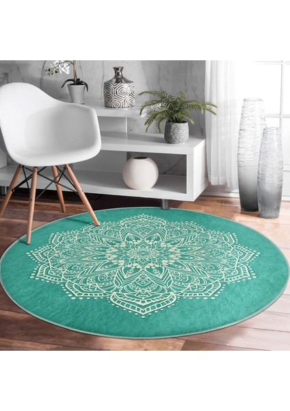 Real Homes Turkuaz Zeminde Mandala Dijital Baskılı Modern Yeşil Salon ve Oturma Odası Yıkanabilir Kaymaz Tabanlı Yuvarlak Halı