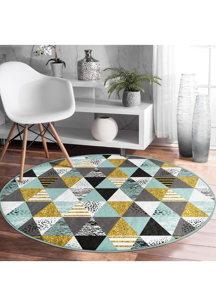 Real Homes Pastel Zeminde Gold Detaylı Geometrik Desenli Dijital Baskılı Modern Renkli Koridor ve Antre Kaymaz Tabanlı Yuvarlak Halı modelleri