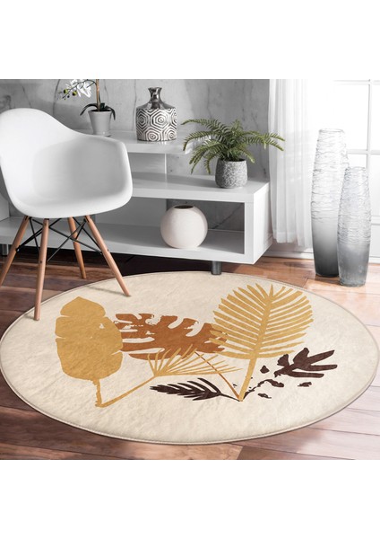 Real Homes Tropik Yaprak Motifli Soft Tasarımlı Krem Salon ve Oturma Odası Yıkanabilir Kaymaz Tabanlı Yuvarlak Halı