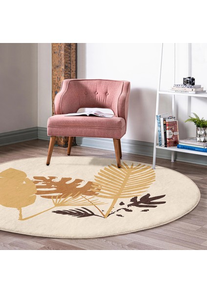 Real Homes Tropik Yaprak Motifli Soft Tasarımlı Krem Salon ve Oturma Odası Yıkanabilir Kaymaz Tabanlı Yuvarlak Halı modelleri