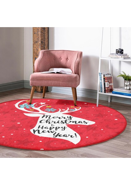 Real Homes Realhomes Merry Christmas Geyik Desenli Bordo Salon ve Oturma Odası Yıkanabilir Kaymaz Tabanlı Yuvarlak Halı