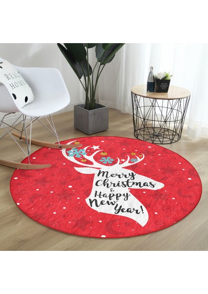 Real Homes Realhomes Merry Christmas Geyik Desenli Bordo Salon ve Oturma Odası Yıkanabilir Kaymaz Tabanlı Yuvarlak Halı fiyatları