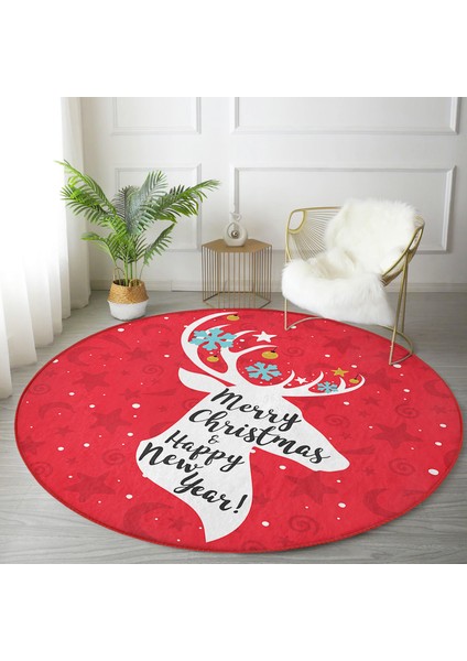 Real Homes Realhomes Merry Christmas Geyik Desenli Bordo Salon ve Oturma Odası Yıkanabilir Kaymaz Tabanlı Yuvarlak Halı modelleri