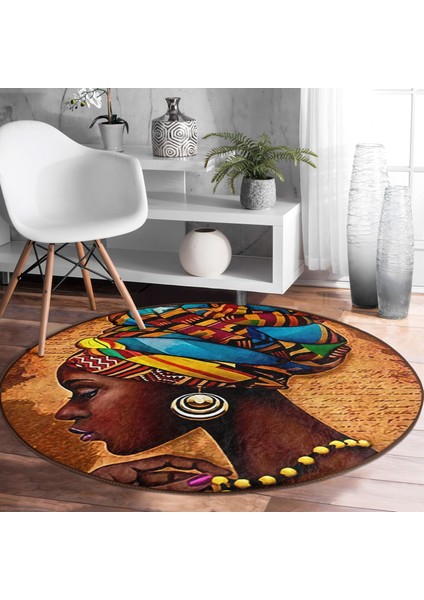 Real Homes African Woman Çizimli Dijital Baskılı Modern Kahverengi Outdoor Yıkanabilir Kaymaz Tabanlı Yuvarlak Halı