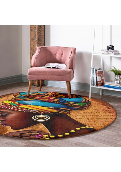 Real Homes African Woman Çizimli Dijital Baskılı Modern Kahverengi Outdoor Yıkanabilir Kaymaz Tabanlı Yuvarlak Halı modelleri