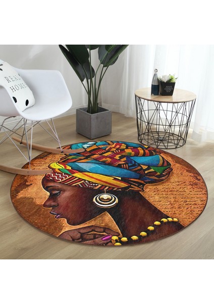Real Homes African Woman Çizimli Dijital Baskılı Modern Kahverengi Outdoor Yıkanabilir Kaymaz Tabanlı Yuvarlak Halı fırsatları